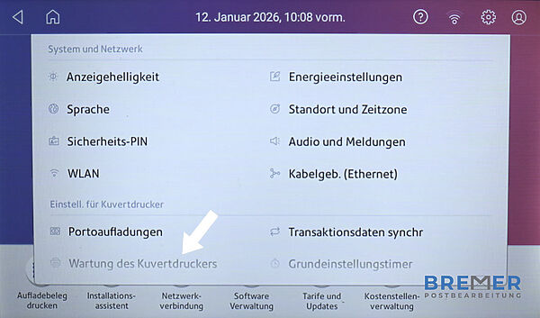 sendpro c auto wartung des kuvertdruckers menu